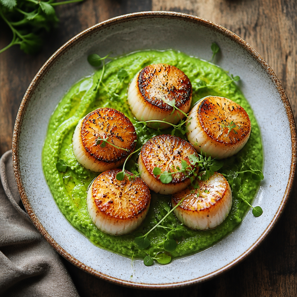 Pan Seared Scallops With Pea Puree — French-American Dinner served and photographed from above