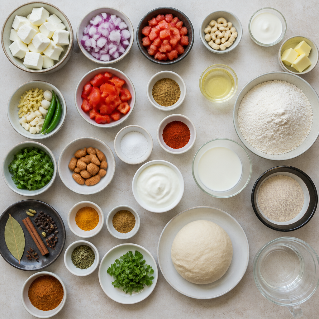 Overhead flat-lay of all ingredients for Paneer Butter Masala Recipe with Homemade Naan laid out on a kitchen surface.
