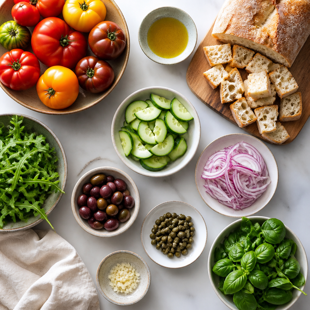 Overhead flat-lay of all ingredients for Panzanella Salad With Blistered Heirloom Tomatoes laid out on a kitchen surface.