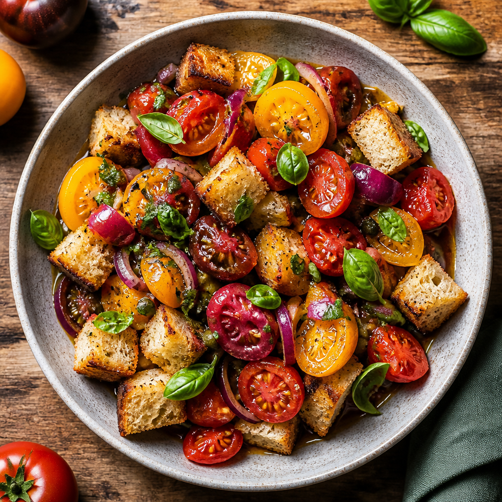 Panzanella Salad With Blistered Heirloom Tomatoes — Italian Salad served and photographed from above