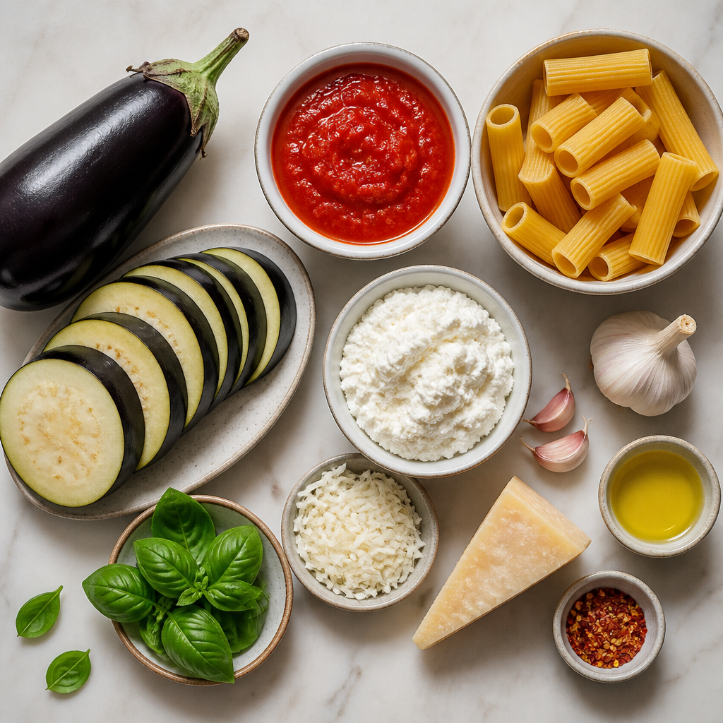 Overhead flat-lay of all ingredients for Pasta Alla Norma With Crispy Eggplant laid out on a kitchen surface.