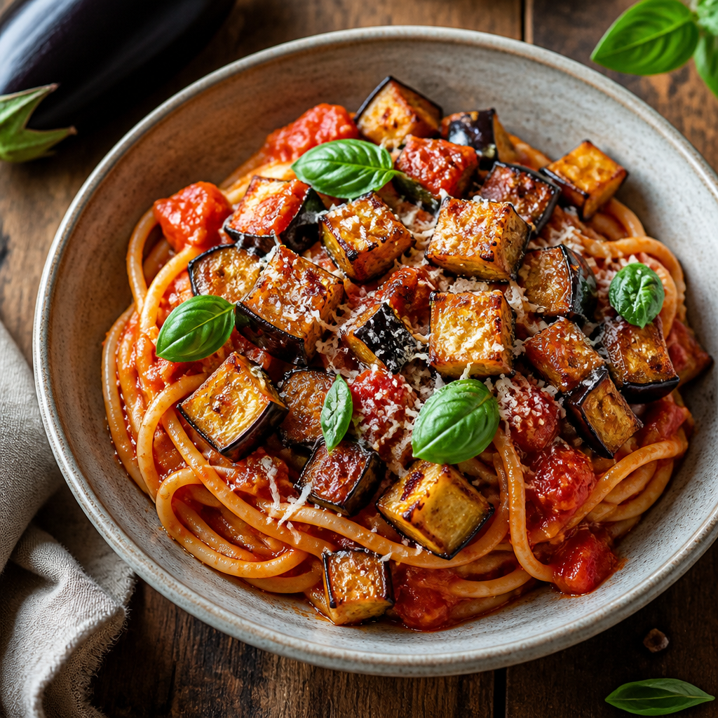 Pasta Alla Norma With Crispy Eggplant — Italian Dinner served and photographed from above