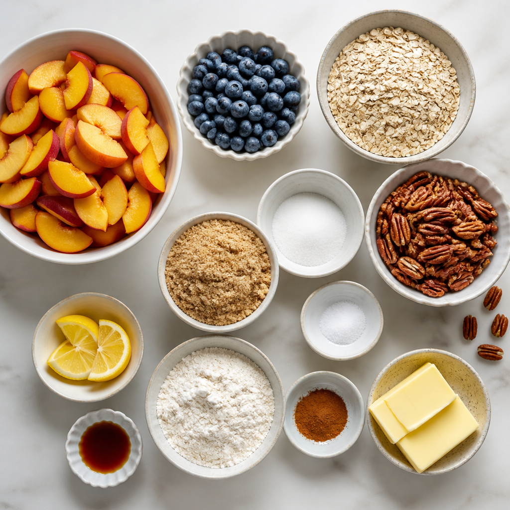 Overhead flat-lay of all ingredients for Peach Blueberry Crisp With Toasted Pecan Topping laid out on a kitchen surface.