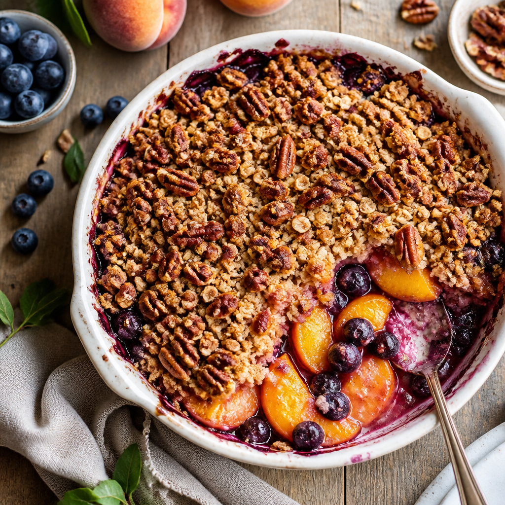 Peach Blueberry Crisp With Toasted Pecan Topping