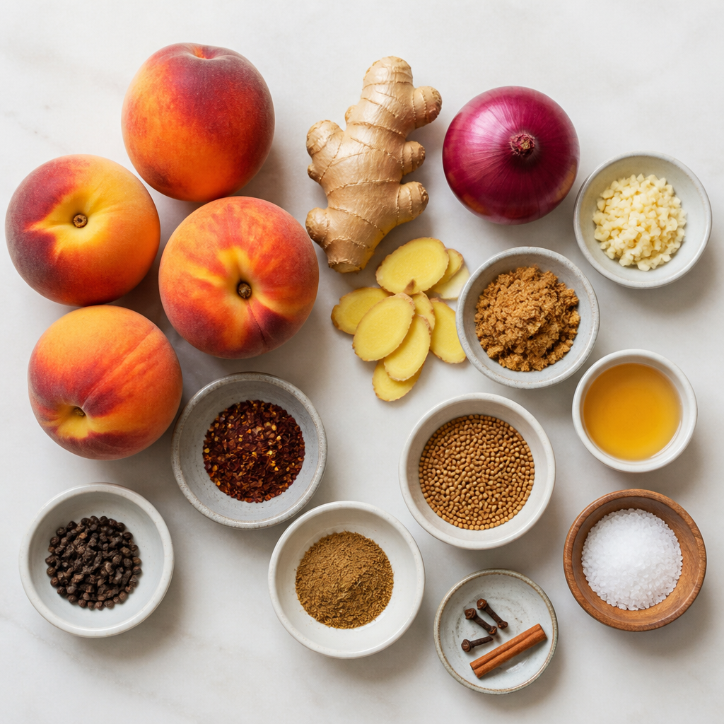 Overhead flat-lay of all ingredients for Peach Chutney With Ginger and Toasted Mustard laid out on a kitchen surface.