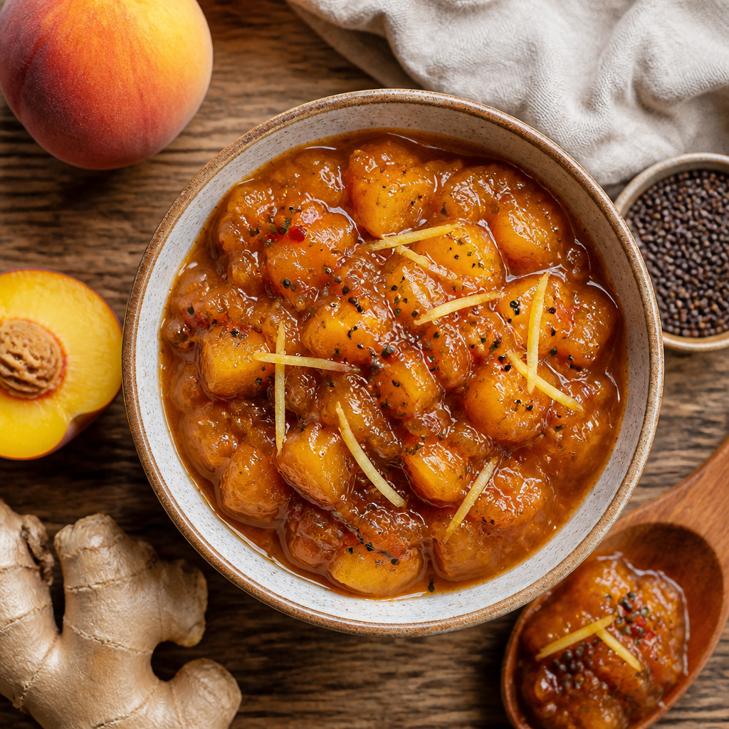 Peach Chutney With Ginger and Toasted Mustard — Indian-inspired Condiments served and photographed from above