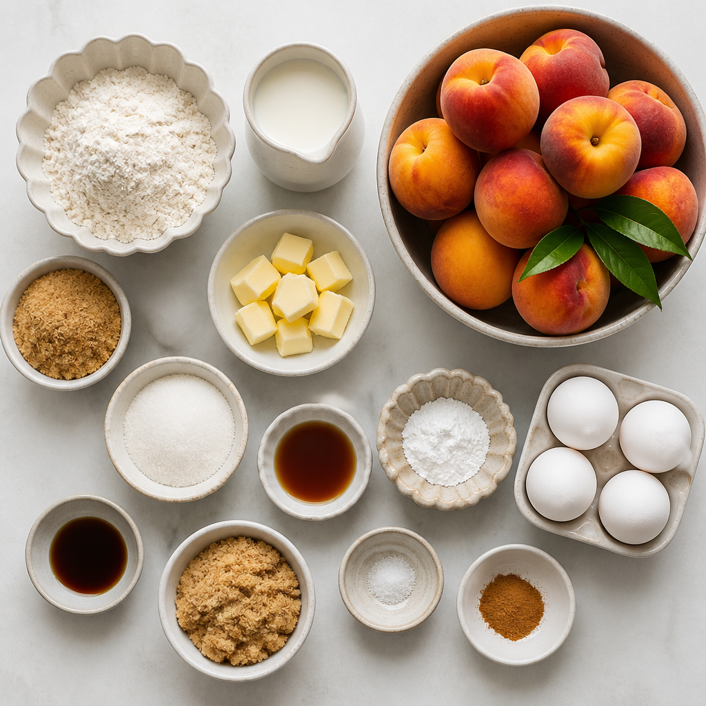 Overhead flat-lay of all ingredients for Peach Cobbler With Bourbon Vanilla Cream laid out on a kitchen surface.