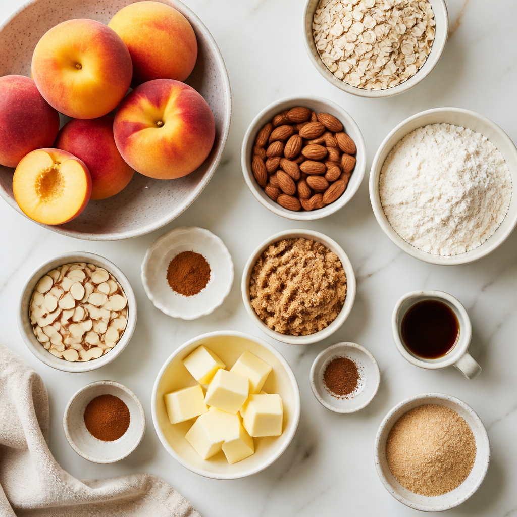 Overhead flat-lay of all ingredients for Peach Crisp With Spiced Almond Crumble laid out on a kitchen surface.