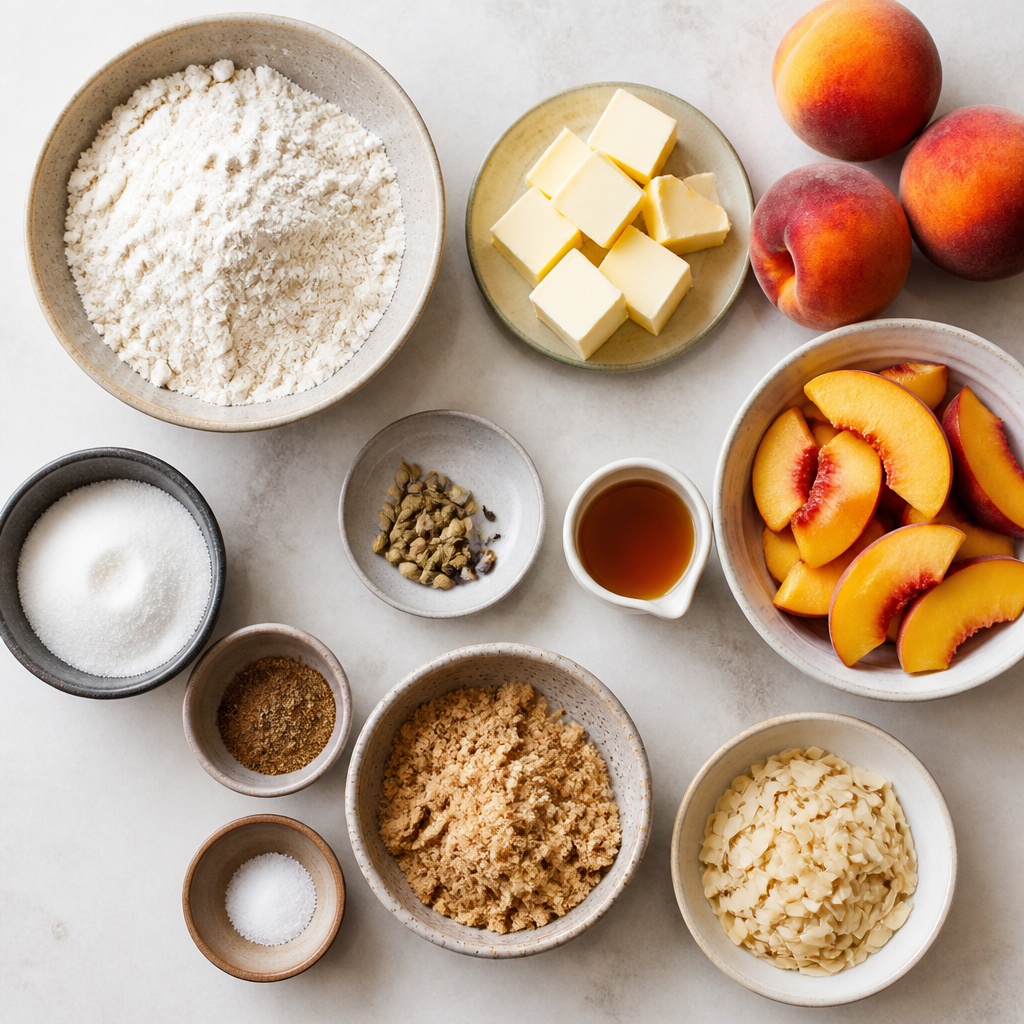Overhead flat-lay of all ingredients for Peach Galette With Cardamom Spiced Crust laid out on a kitchen surface.