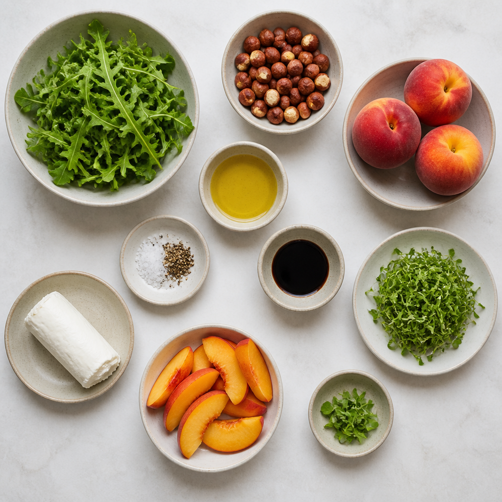 Overhead flat-lay of all ingredients for Peach Salad With Toasted Hazelnuts laid out on a kitchen surface.