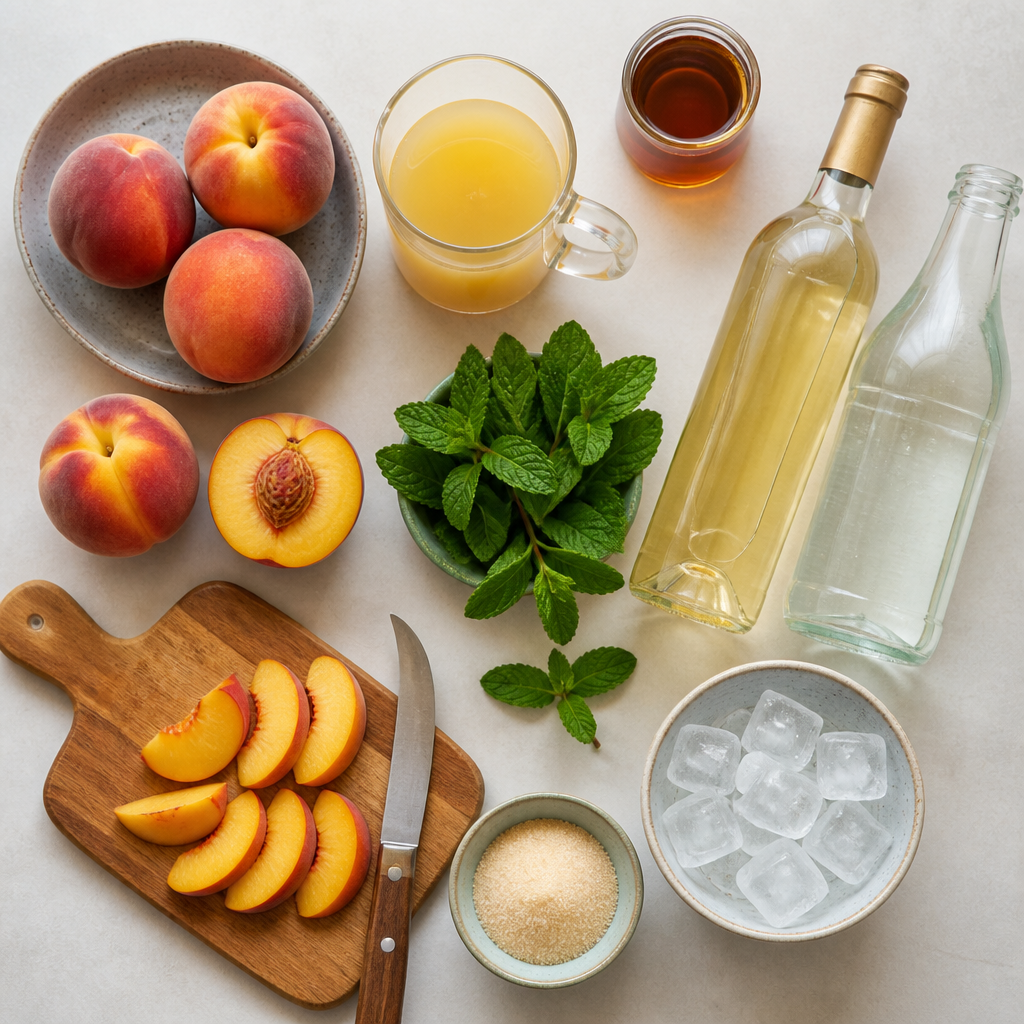 Overhead flat-lay of all ingredients for Peach Sangria With Fresh Mint Sprigs laid out on a kitchen surface.