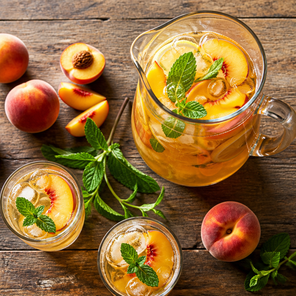 Peach Sangria With Fresh Mint Sprigs