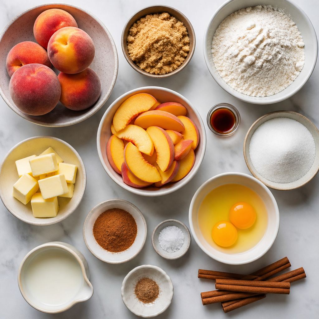 Overhead flat-lay of all ingredients for Peach Upside Down Cake With Cinnamon laid out on a kitchen surface.