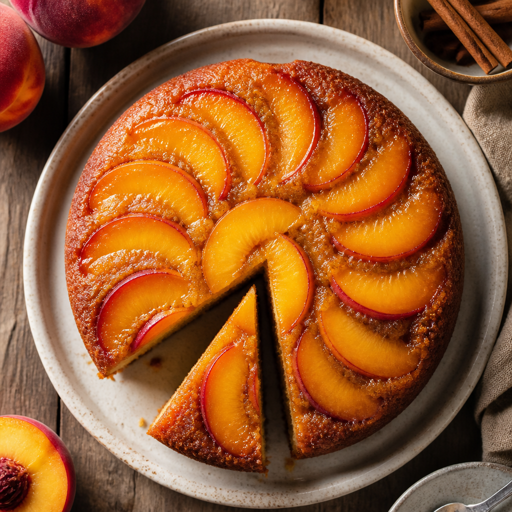 Peach Upside Down Cake With Cinnamon — American Dessert served and photographed from above