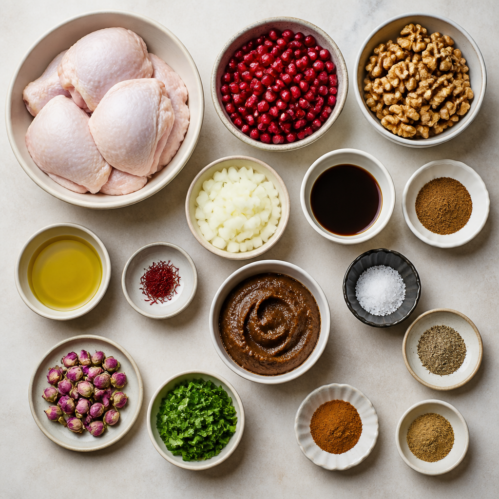 Overhead flat-lay of all ingredients for Persian Chicken Pomegranate Walnut Stew (Fesenjan) laid out on a kitchen surface.