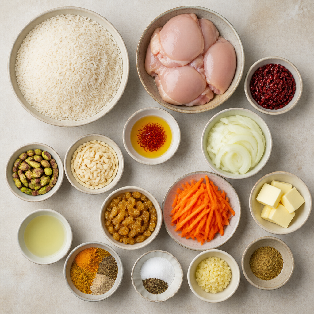 Overhead flat-lay of all ingredients for Persian Saffron Rice Cake with Chicken and Barberries laid out on a kitchen surface.