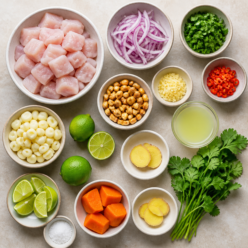 Overhead flat-lay of all ingredients for Peruvian Ceviche Recipe with Authentic Leche de Tigre laid out on a kitchen surface.