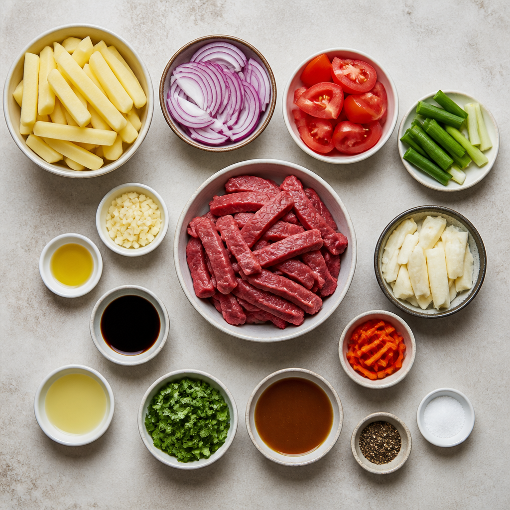 Overhead flat-lay of all ingredients for Peruvian Lomo Saltado Recipe with Tender Beef and Fries laid out on a kitchen surface.
