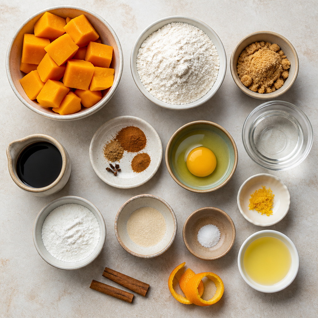 Overhead flat-lay of all ingredients for Peruvian Picarones Recipe With Pumpkin and Spiced Syrup laid out on a kitchen surface.