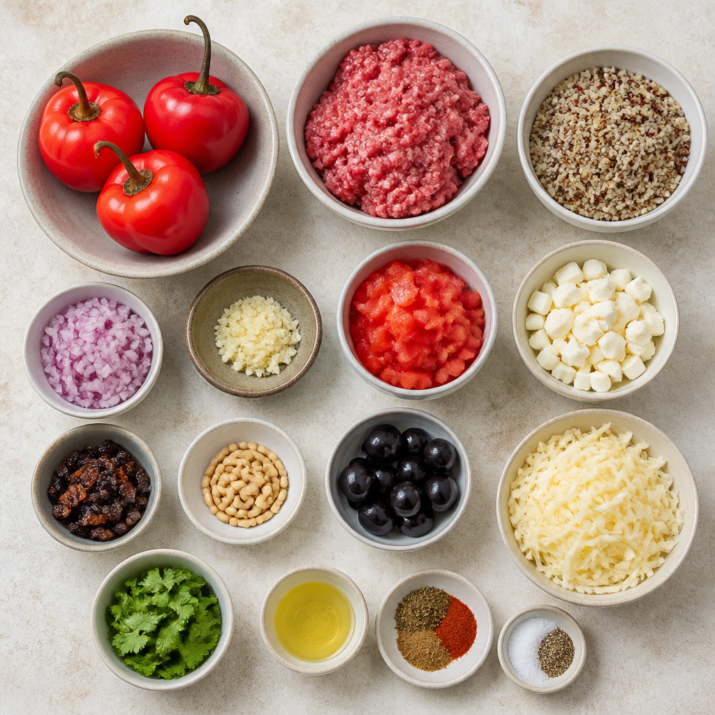 Overhead flat-lay of all ingredients for Peruvian Rocoto Relleno with Quinoa and Melted Cheese laid out on a kitchen surface.