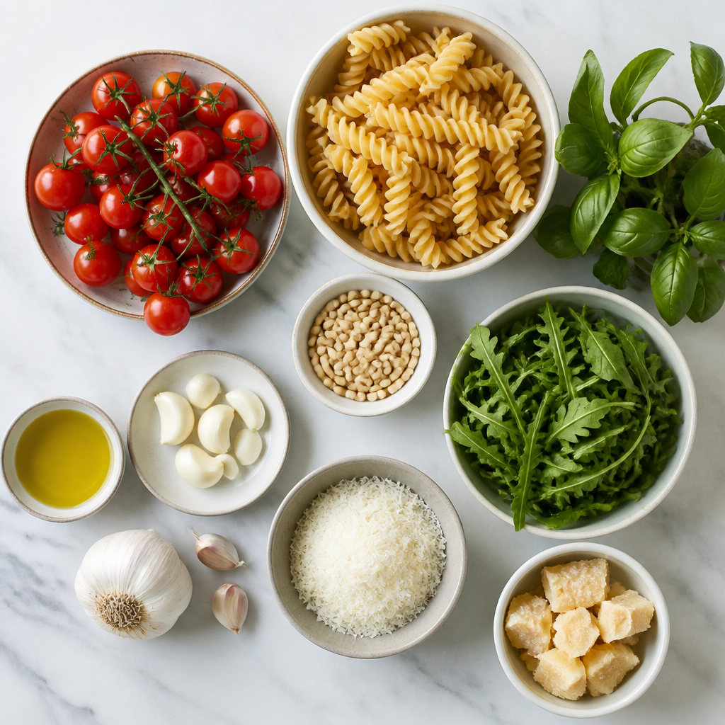 Overhead flat-lay of all ingredients for Pesto Pasta With Blistered Cherry Tomatoes laid out on a kitchen surface.