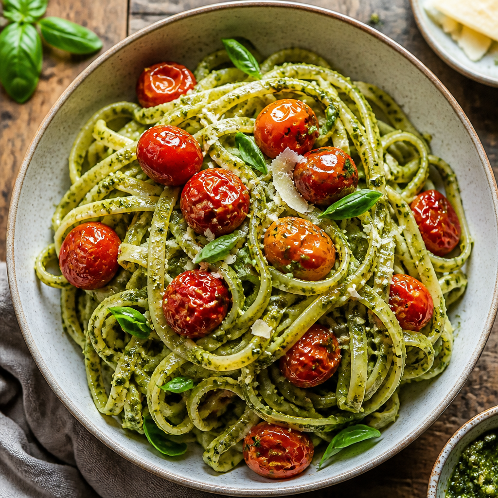 Pesto Pasta With Blistered Cherry Tomatoes — Italian Dinner served and photographed from above
