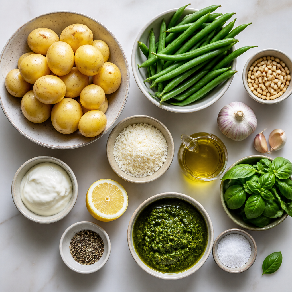 Overhead flat-lay of all ingredients for Pesto Potato Salad With Green Beans laid out on a kitchen surface.