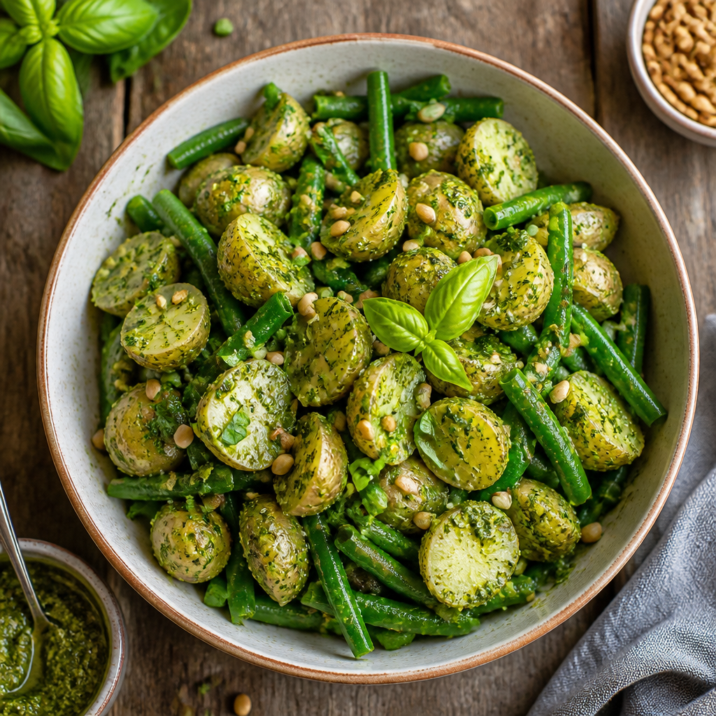 Pesto Potato Salad With Green Beans — Italian-American Dinner served and photographed from above