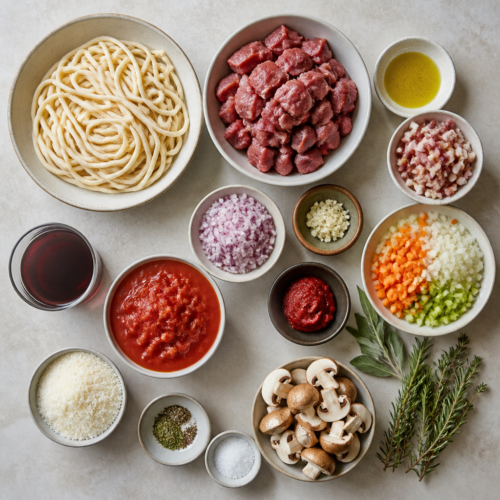 Overhead flat-lay of all ingredients for Pici with Wild Boar Ragu: Authentic Tuscan Pasta Recipe laid out on a kitchen surface.
