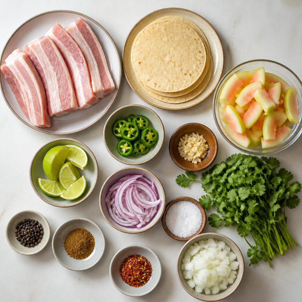 Overhead flat-lay of all ingredients for Pork Belly Tacos With Pickled Watermelon Rind laid out on a kitchen surface.