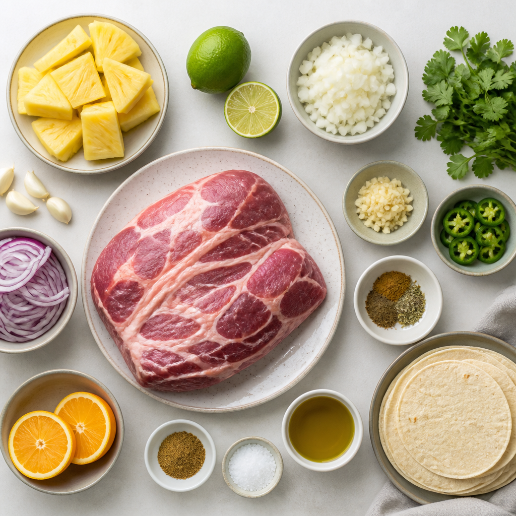 Overhead flat-lay of all ingredients for Pork Carnitas With Charred Pineapple Salsa laid out on a kitchen surface.