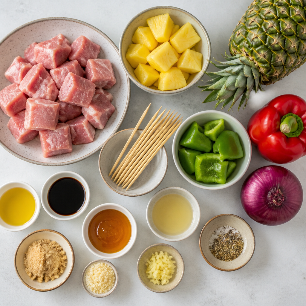 Overhead flat-lay of all ingredients for Pork Kebabs With Pineapple Glaze laid out on a kitchen surface.