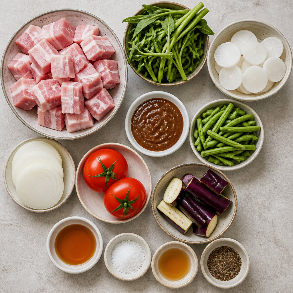 Overhead flat-lay of all ingredients for Pork Sinigang Recipe With Tamarind and Vegetables laid out on a kitchen surface.