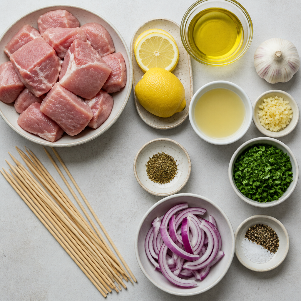 Overhead flat-lay of all ingredients for Pork Souvlaki With Lemon Garlic Marinade laid out on a kitchen surface.