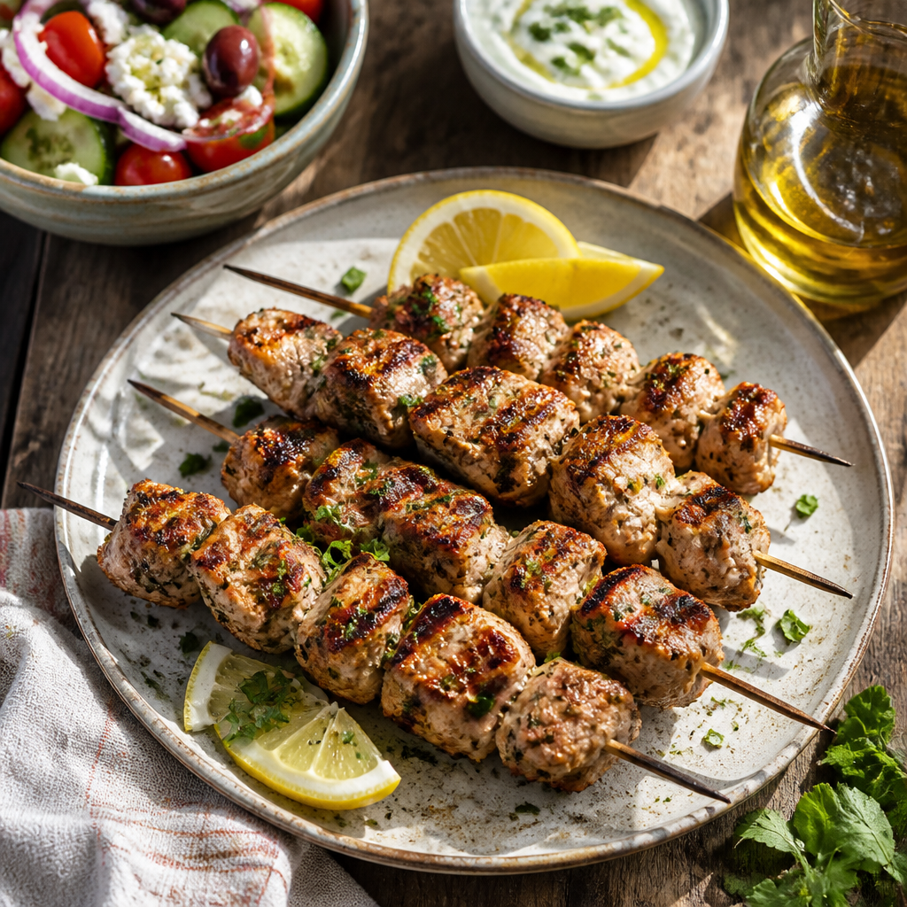 Pork Souvlaki With Lemon Garlic Marinade — Greek Dinner served and photographed from above