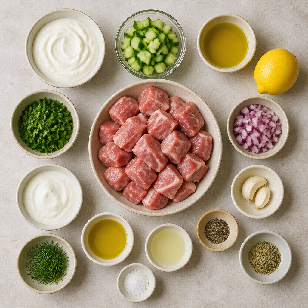 Overhead flat-lay of all ingredients for Pork Souvlaki Recipe with Homemade Tzatziki Sauce laid out on a kitchen surface.