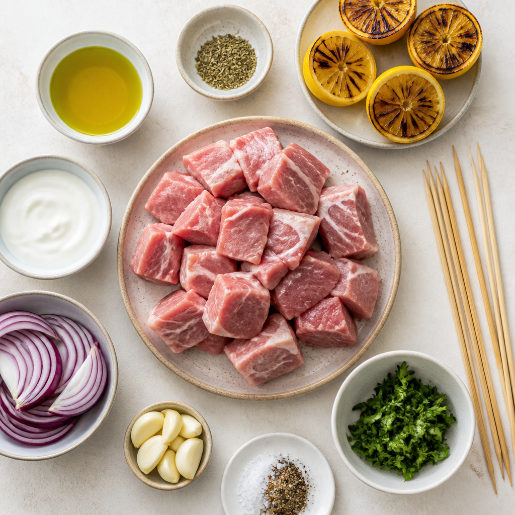 Overhead flat-lay of all ingredients for Pork Souvlaki Skewers With Charred Lemon laid out on a kitchen surface.