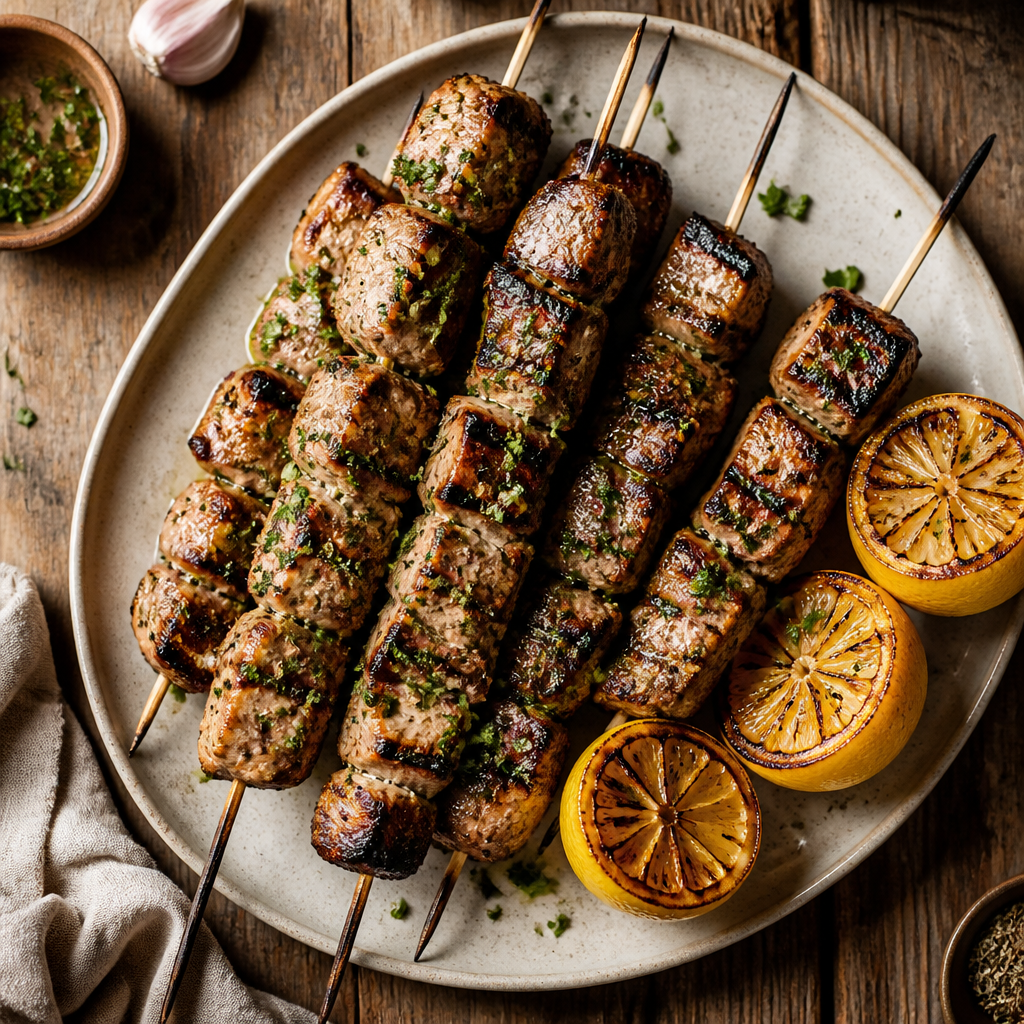 Pork Souvlaki Skewers With Charred Lemon
