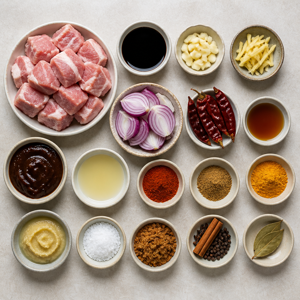Overhead flat-lay of all ingredients for Pork Vindaloo Recipe with Spicy Tamarind Marinade laid out on a kitchen surface.