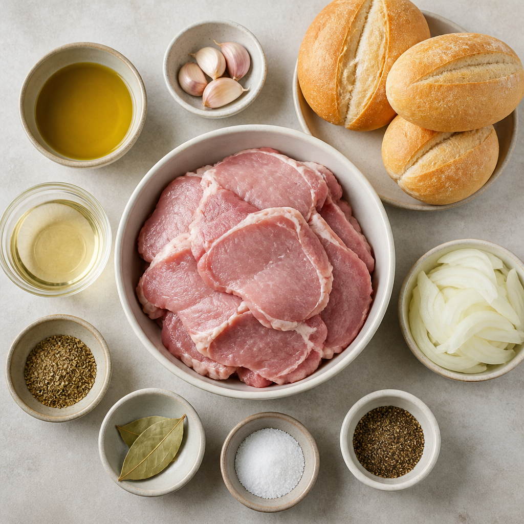 Overhead flat-lay of all ingredients for Portuguese Bifana Recipe with Garlic and White Wine Pork laid out on a kitchen surface.
