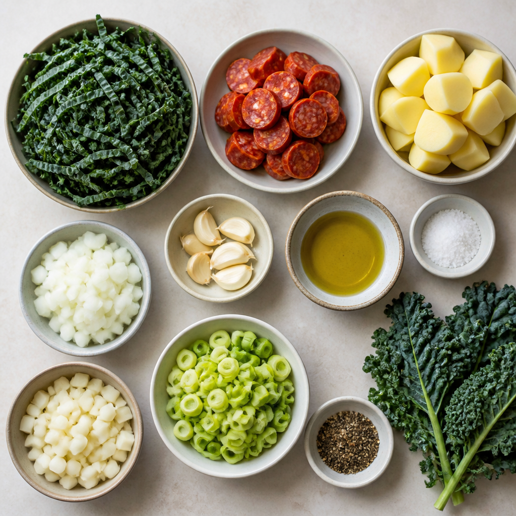 Overhead flat-lay of all ingredients for Portuguese Caldo Verde Recipe with Chorizo and Kale laid out on a kitchen surface.
