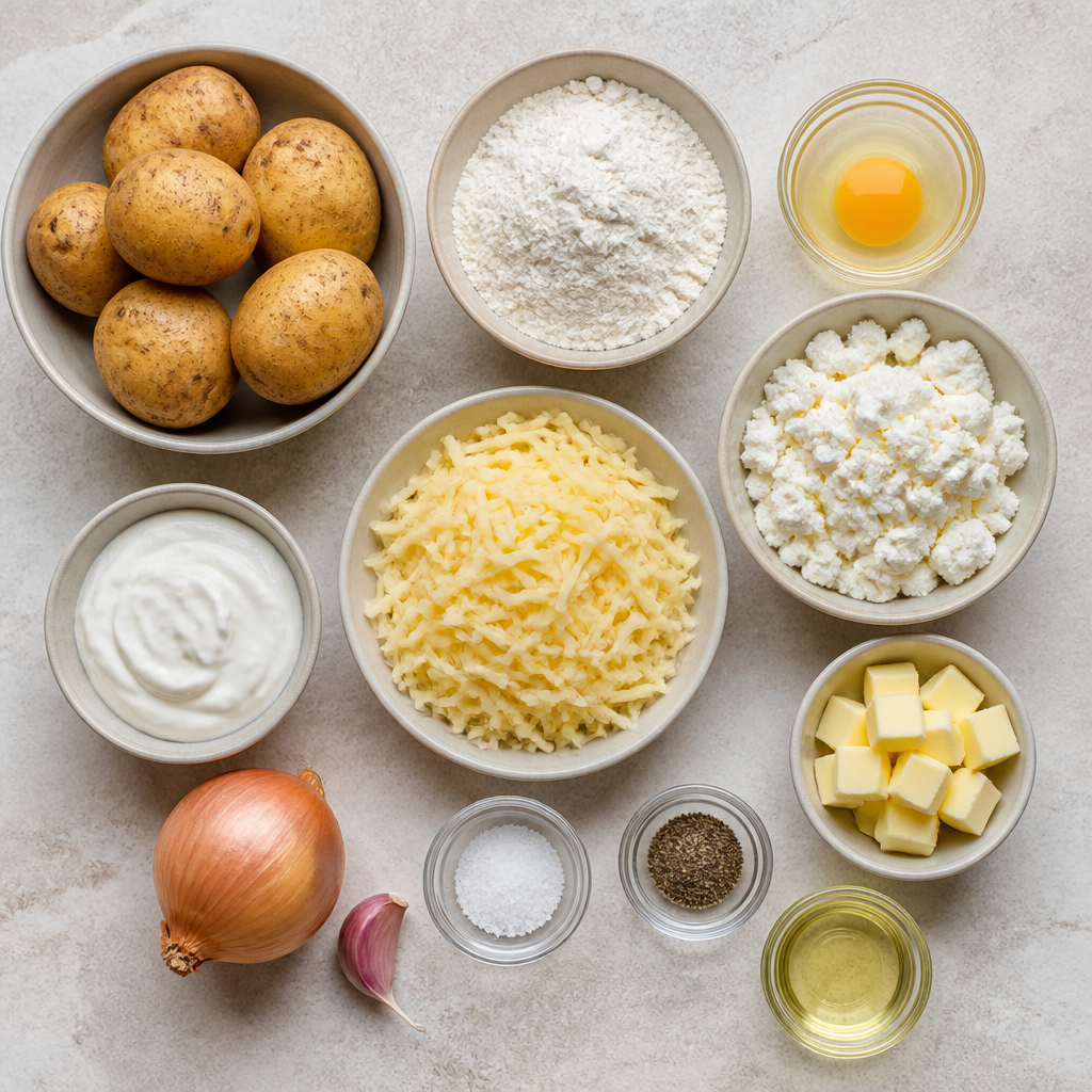 Overhead flat-lay of all ingredients for Potato and Cheese Pierogi With Homemade Dough laid out on a kitchen surface.