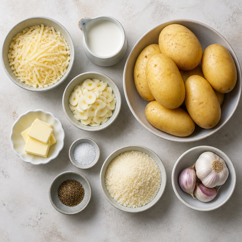 Overhead flat-lay of all ingredients for Potatoes Dauphinoise Recipe with Garlic and Gruyère laid out on a kitchen surface.