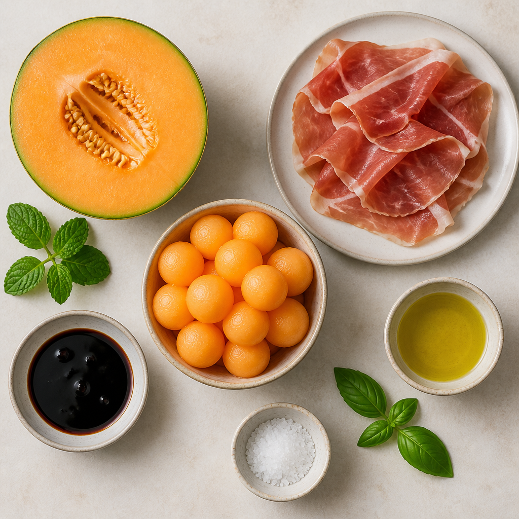 Overhead flat-lay of all ingredients for Prosciutto Wrapped Melon With Balsamic Glaze laid out on a kitchen surface.