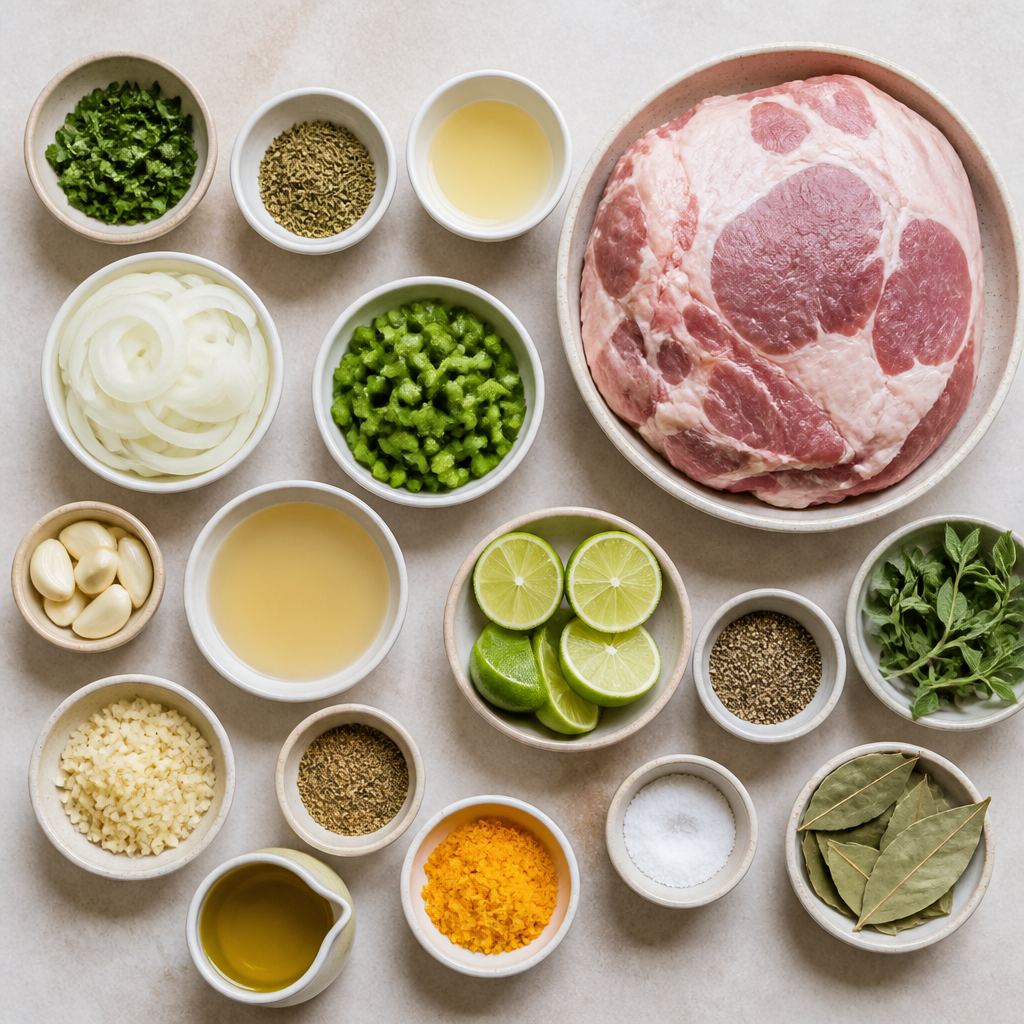 Overhead flat-lay of all ingredients for Puerto Rican Pernil Recipe with Garlic Mojo Sauce laid out on a kitchen surface.