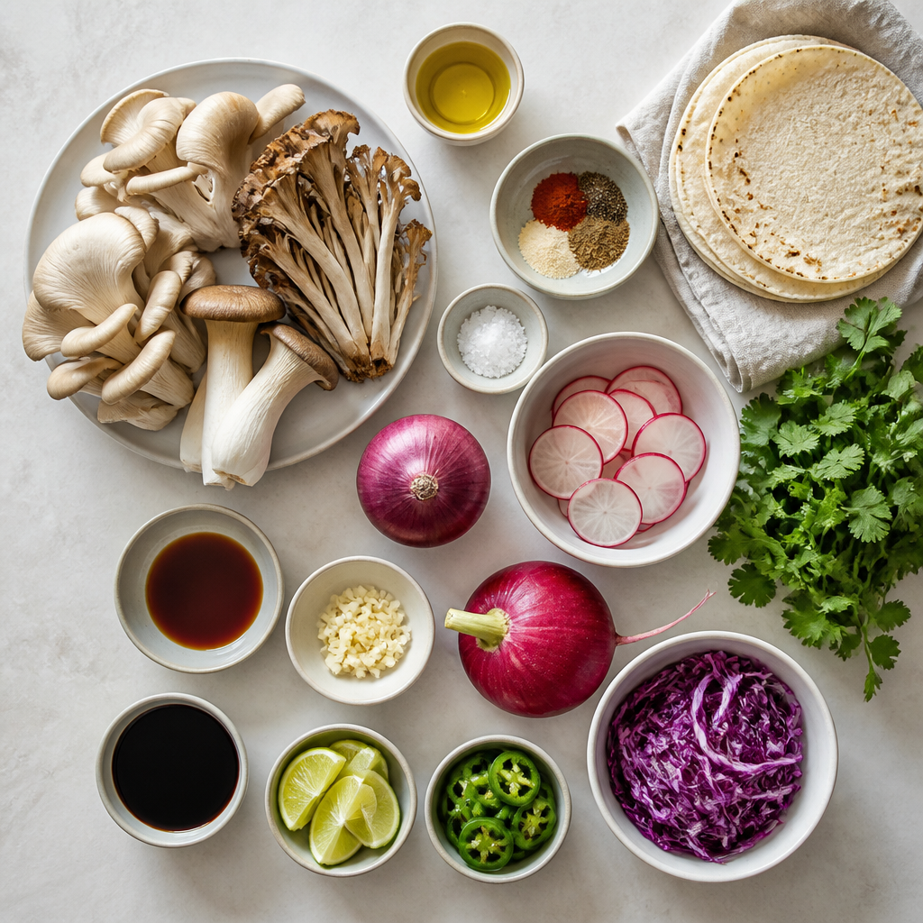 Overhead flat-lay of all ingredients for Pulled Mushroom Tacos With Pickled Radish laid out on a kitchen surface.