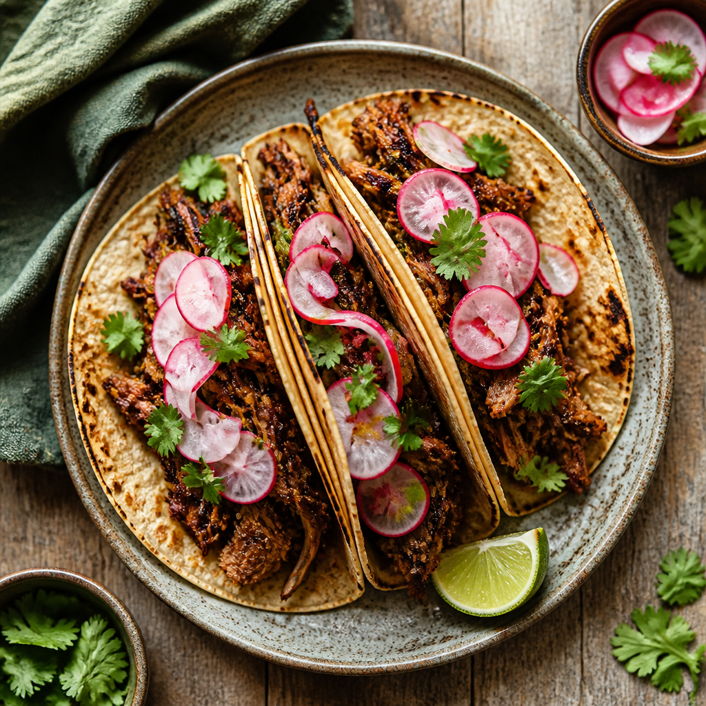 Pulled Mushroom Tacos With Pickled Radish — Mexican-Inspired Dinner served and photographed from above