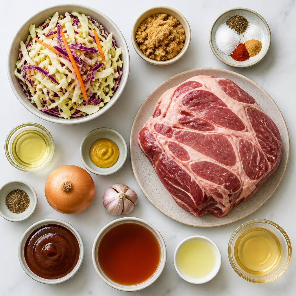 Overhead flat-lay of all ingredients for Pulled Pork With Tangy Vinegar Slaw laid out on a kitchen surface.