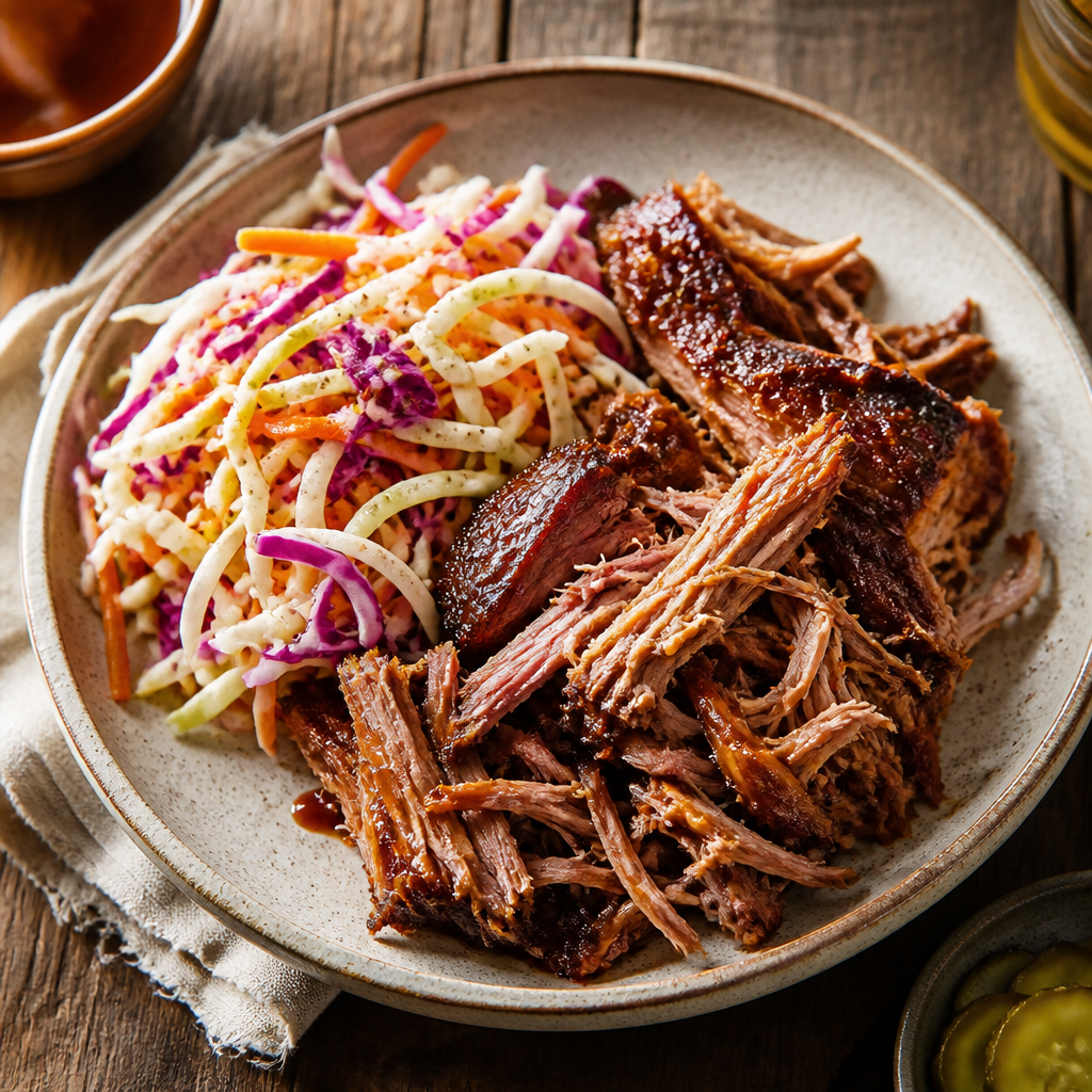 Pulled Pork With Tangy Vinegar Slaw — American Dinner served and photographed from above