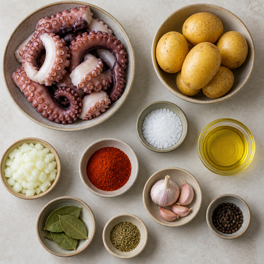 Overhead flat-lay of all ingredients for Pulpo a la Gallega Recipe with Smoky Paprika and Potatoes laid out on a kitchen surface.